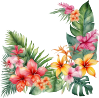 Tropical leaves and vibrant flowers, floral frame. AI-Generated. png