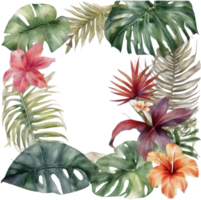 Tropical leaves and vibrant flowers, floral frame. AI-Generated. png