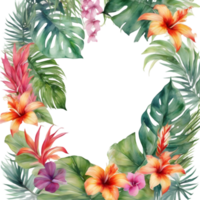 Tropical leaves and vibrant flowers, floral frame. AI-Generated. png