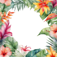 Tropical leaves and vibrant flowers, floral frame. AI-Generated. png