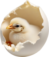 Close-up of a Baby chicken nestled within an eggshell. AI-Generated. png