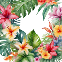 Tropical leaves and vibrant flowers, floral frame. AI-Generated. png