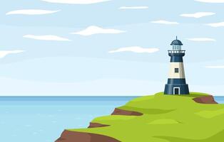 Lighthouse nautical tower on seashore. Sea coast or ocean beach rocks and lighthouse building. Coastline landscape with beacon. Hope symbol, expectation, solitude concept. illustration vector