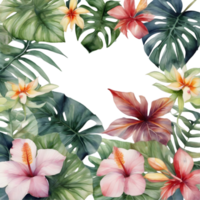 Tropical leaves and vibrant flowers, floral frame. AI-Generated. png