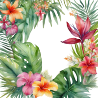 Tropical leaves and vibrant flowers, floral frame. AI-Generated. png