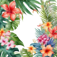 Tropical leaves and vibrant flowers, floral frame. AI-Generated. png