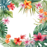 Tropical leaves and vibrant flowers, floral frame. AI-Generated. png