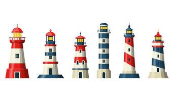 Lighthouse set of nautical towers with beacon lights. Sea coast or ocean beach rocks and lighthouse buildings icons with blue, red, white stripes and searchlight beams isolated. illustration vector