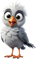 A cute cartoon-style bird with fuzzy gray feathers. AI-generated. png