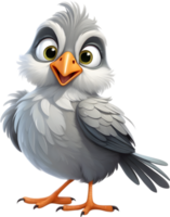 A cute cartoon-style bird with fuzzy gray feathers. AI-generated. png