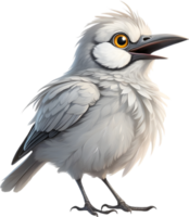 A cute cartoon-style bird with fuzzy gray feathers. AI-generated. png