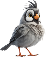 A cute cartoon-style bird with fuzzy gray feathers. AI-generated. png