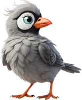 A cute cartoon-style bird with fuzzy gray feathers. AI-generated. png