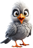 A cute cartoon-style bird with fuzzy gray feathers. AI-generated. png