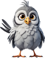 A cute cartoon-style bird with fuzzy gray feathers. AI-generated. png