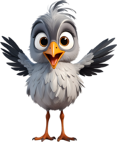 A cute cartoon-style bird with fuzzy gray feathers. AI-generated. png