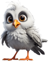 A cute cartoon-style bird with fuzzy gray feathers. AI-generated. png