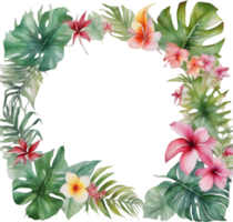 Tropical leaves and vibrant flowers, floral frame. AI-Generated. png