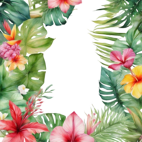 Tropical leaves and vibrant flowers, floral frame. AI-Generated. png