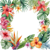 Tropical leaves and vibrant flowers, floral frame. AI-Generated. png