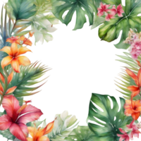 Tropical leaves and vibrant flowers, floral frame. AI-Generated. png