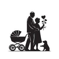 Grandparent silhouette illustration with grandchild on white background. Old couple logo vector