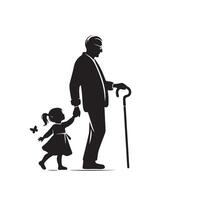 Grandparent silhouette illustration with grandchild on white background. Old couple logo vector