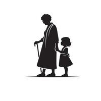 Grandparent silhouette illustration with grandchild on white background. Old couple logo vector