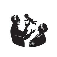 Grandparent silhouette illustration with grandchild on white background. Old couple logo vector