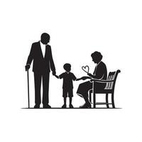 Grandparent silhouette illustration with grandchild on white background. Old couple logo vector