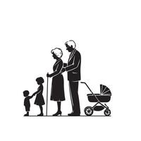 Grandparent silhouette illustration with grandchild on white background. Old couple logo vector
