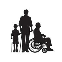 Grandparent silhouette illustration with grandchild on white background. Old couple logo vector