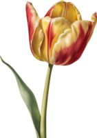 Watercolor hyper-realistic tulip with a glossy red exterior and a soft yellow interior. Ai-generated. png