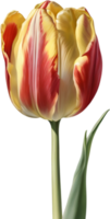 Watercolor hyper-realistic tulip with a glossy red exterior and a soft yellow interior. Ai-generated. png