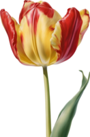 Watercolor hyper-realistic tulip with a glossy red exterior and a soft yellow interior. Ai-generated. png