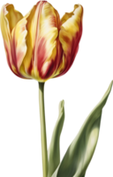 Watercolor hyper-realistic tulip with a glossy red exterior and a soft yellow interior. Ai-generated. png