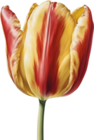Watercolor hyper-realistic tulip with a glossy red exterior and a soft yellow interior. Ai-generated. png