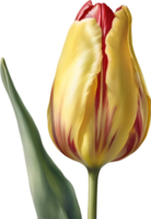 Watercolor hyper-realistic tulip with a glossy red exterior and a soft yellow interior. Ai-generated. png