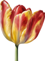 Aquarell hyperrealistisch Tulpe mit ein glänzend rot Außen und ein Sanft Gelb Innere. KI-generiert. png