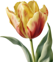 Watercolor hyper-realistic tulip with a glossy red exterior and a soft yellow interior. Ai-generated. png