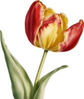 Watercolor hyper-realistic tulip with a glossy red exterior and a soft yellow interior. Ai-generated. png