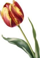 Watercolor hyper-realistic tulip with a glossy red exterior and a soft yellow interior. Ai-generated. png