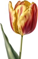 Watercolor hyper-realistic tulip with a glossy red exterior and a soft yellow interior. Ai-generated. png