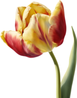 Watercolor hyper-realistic tulip with a glossy red exterior and a soft yellow interior. Ai-generated. png