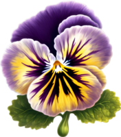 A cartoon pansy with velvety purple and yellow petals. Ai-generated. png