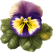 A cartoon pansy with velvety purple and yellow petals. Ai-generated. png