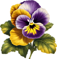 A cartoon pansy with velvety purple and yellow petals. Ai-generated. png