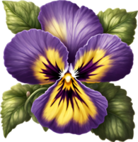 A cartoon pansy with velvety purple and yellow petals. Ai-generated. png