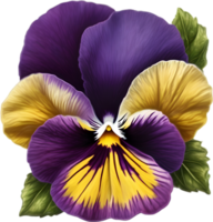 A cartoon pansy with velvety purple and yellow petals. Ai-generated. png