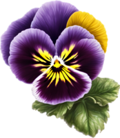 A cartoon pansy with velvety purple and yellow petals. Ai-generated. png